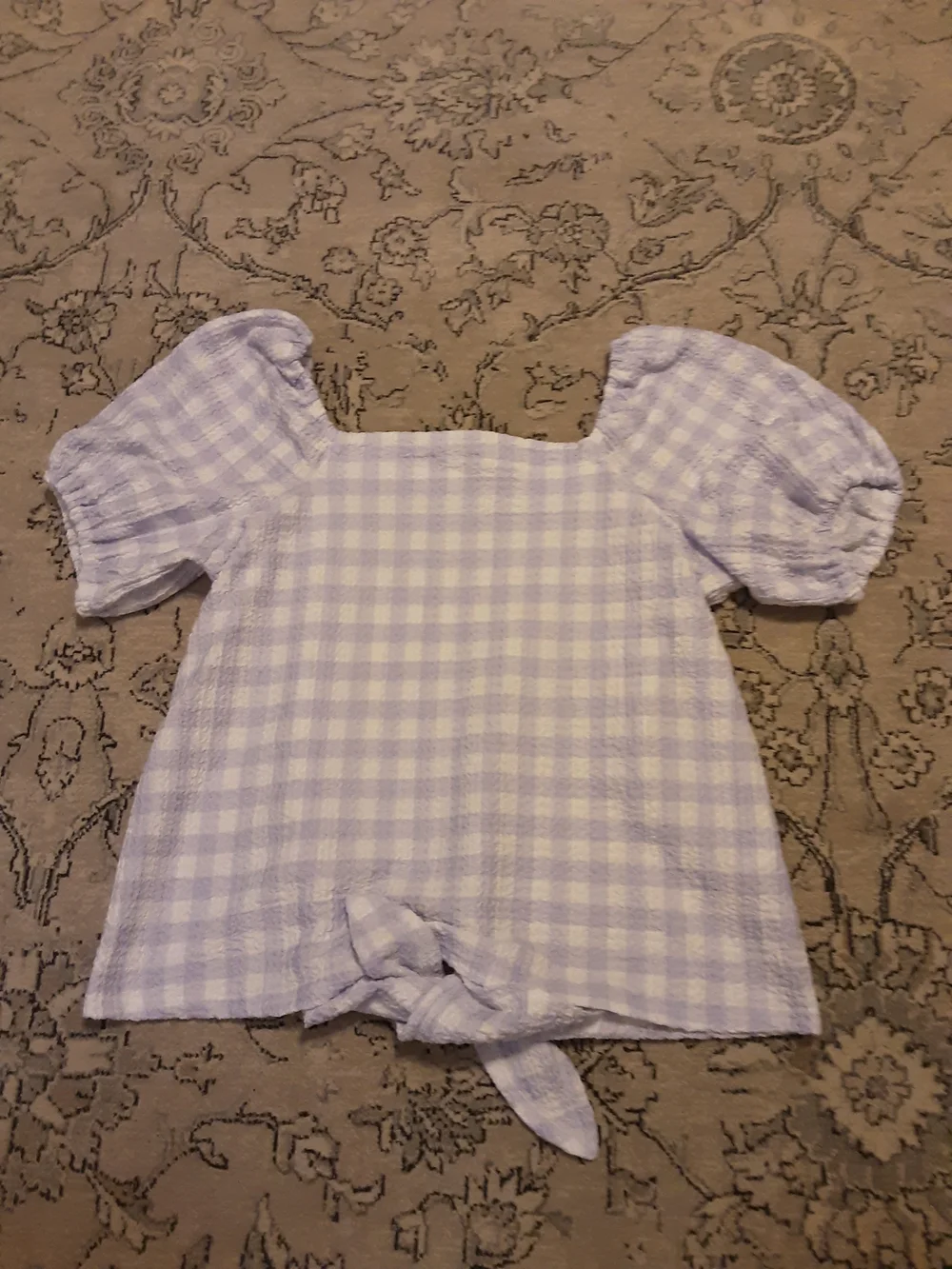 LOFT Lavender Gingham Tie-Front Puff Sleeve Top